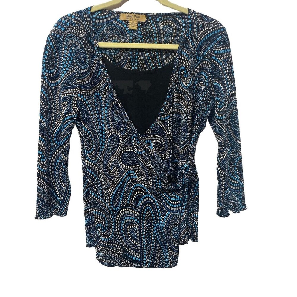 Pleat Pleat by Rafael Women’s Blouse Blue Paisley Long-Sleeve Sz M Office Casual